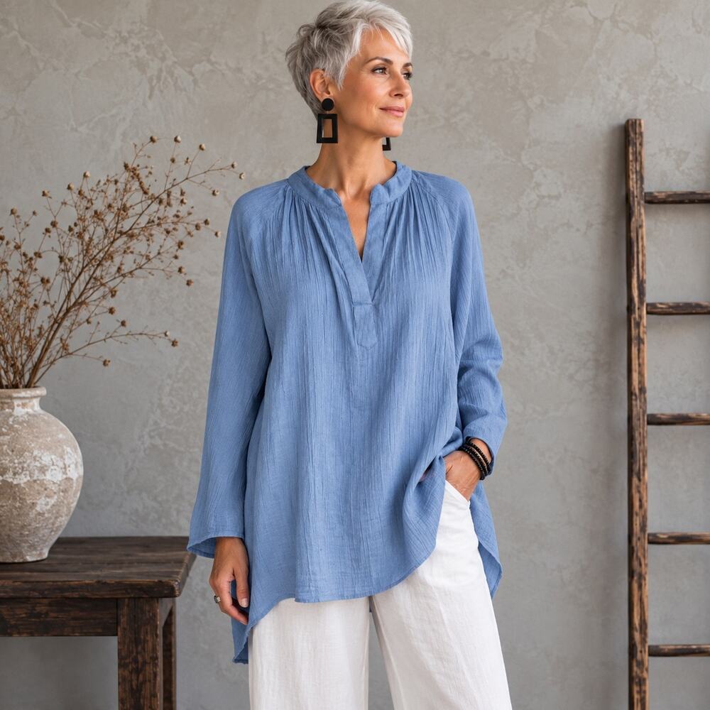 Karyn Seo X Athleta Blue Gauzy Cotton Split V Long Sleeve Pop Top Large